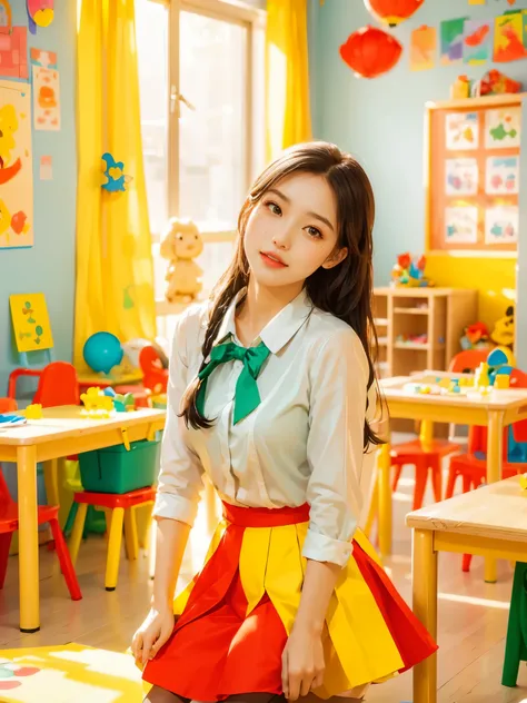 A continuation of the charming and cute depiction of a dream girlfriend as a kindergarten teacher, focusing on her photogenic and picturesque qualities. She displays a radiant smile, exuding a sense of spring warmth and happiness, uplifting the spirits of ...