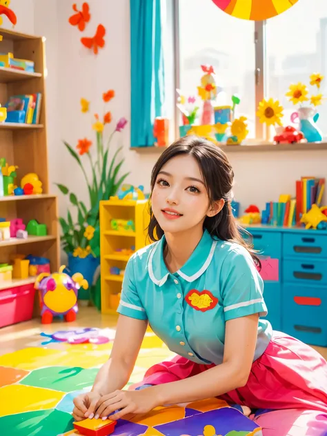 A continuation of the charming and cute depiction of a dream girlfriend as a kindergarten teacher, focusing on her photogenic and picturesque qualities. She displays a radiant smile, exuding a sense of spring warmth and happiness, uplifting the spirits of ...