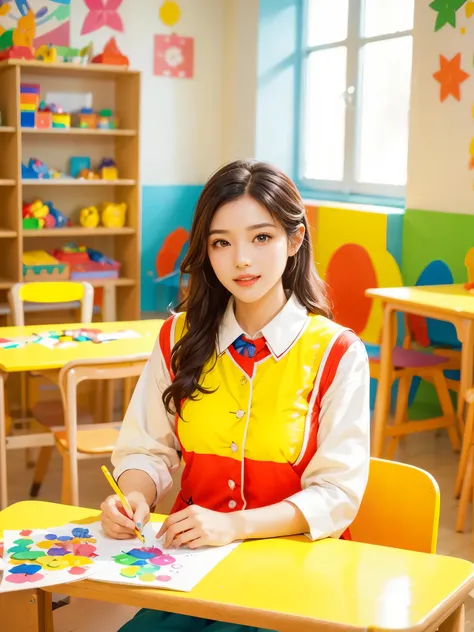 A continuation of the charming and cute depiction of a dream girlfriend as a kindergarten teacher, focusing on her photogenic and picturesque qualities. She displays a radiant smile, exuding a sense of spring warmth and happiness, uplifting the spirits of ...