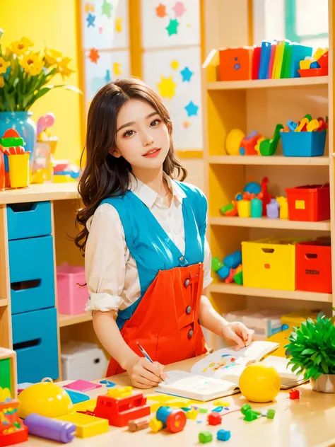 A continuation of the charming and cute depiction of a dream girlfriend as a kindergarten teacher, focusing on her photogenic and picturesque qualities. She displays a radiant smile, exuding a sense of spring warmth and happiness, uplifting the spirits of ...