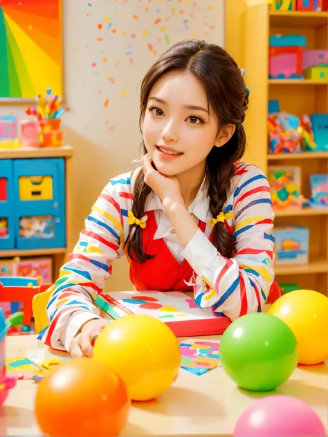 A continuation of the charming and cute depiction of a dream girlfriend as a kindergarten teacher, focusing on her photogenic and picturesque qualities. She displays a radiant smile, exuding a sense of spring warmth and happiness, uplifting the spirits of ...