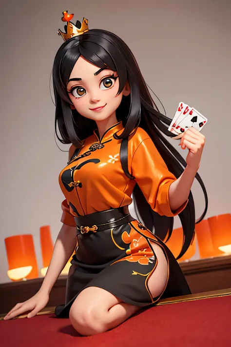 piece,8k highly detailed, casual games, , 3d art style, half body photo,croupier,white background,big eyes,black hair,cute,orang...