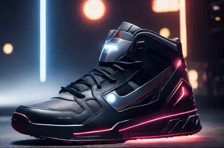 product photography of a cybepunk Ironman sneakers, epic render, octane, atmosphere, particles, soft volumetric lightacklit:1.3), (cinematic:1.3), intricate details, (ArtStation:1.3)