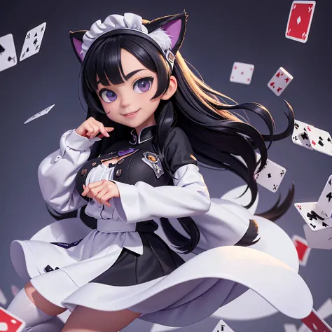 A girl with cat ears,8k highly detailed, casual games, , 3D art style, Full body image,White background,big eyes,black hair,cute,Playing cards in hand,solid color background,long hair,smile slim,White skin,,purple eyes,plump big breasts,black tights