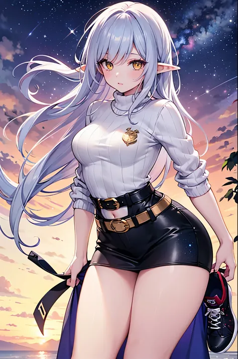 Detailed image, realistic image, coherent image, 1 elf, long ash-colored hair, yellow eyes, oval face, long eyelashes. She is wearing a sweater, mini skirt with a belt, sneakers, small breasts, curvy body, sexy pose, fondi of a starry neck with galaxies on...