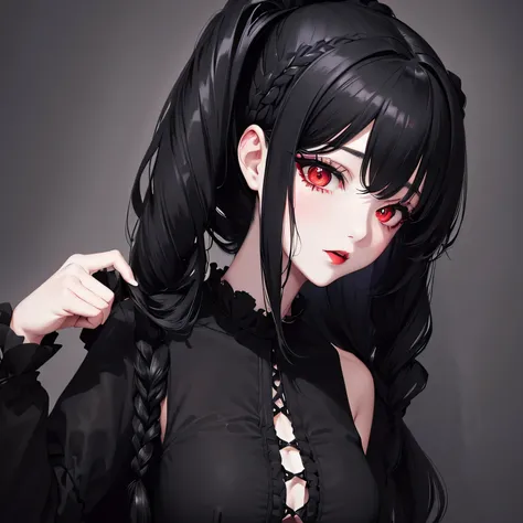 1 girl,Depps Sense,confused,catch light,Super beautiful illustration,(black color,long hairstyles:1.6),turn around,Dark black eyeshadow,bright red lipstick,Gothic Lolita,Upper body,;d,beautiful and delicate flowing hair,delicate and detailed red eyes,empha...