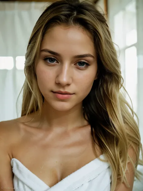 wrapped in white towel, cover by a towel, after shower, bali, 25 year old French woman, blond long hair, make selfie in a mirrir, after shower, we hair, full length, sharp focus, cinematic, imperfect skin, Fabrics, Textures, early morning, blonde hair and ...