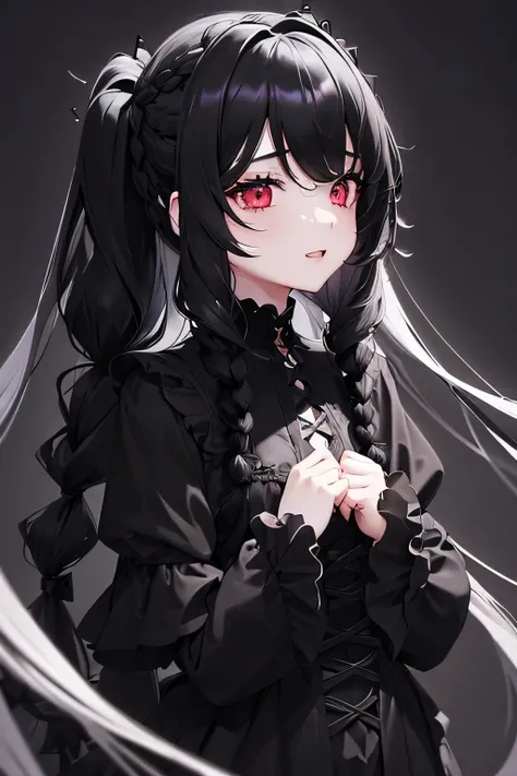 1 girl,Depps Sense,confused,catch light,Super beautiful illustration,(black color,long hairstyles:1.6),turn around,eye shadow,Gothic Lolita,Upper body,;d,beautiful and delicate flowing hair,delicate and detailed red eyes,emphasized chest