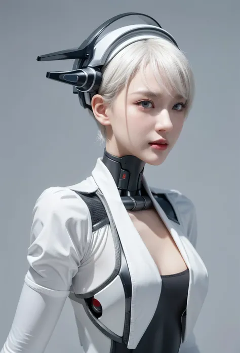 《The role of artificial intelligence》。（（（Virtual character design：Psychological counselor。Miss，20 years old，white short hair，Exquisite facial features，beautiful make up，Skin details，Smile）））。（（Caucasian technical nurse））。((Super realistic details)), illumi...