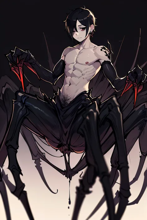 (1male drider), (creepy atmosphere:1.3), (detailed eyes and face:1.5), tall, athletic build, ((half spider half human, bare torso, spider legs, spider abdomen, spider body instead of legs)), (black drider:1.5), (alpha:1.3), ((creepy but handsome:1.5)), ((b...