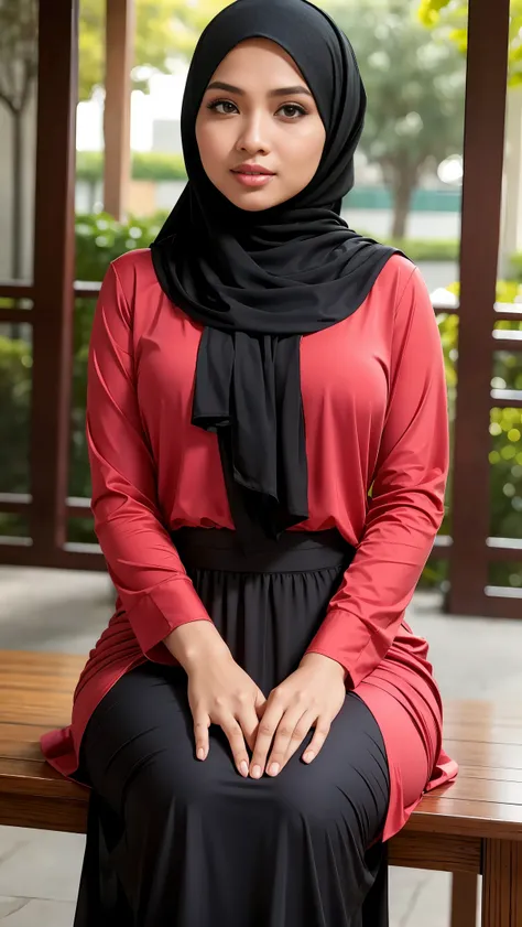 RAW, Best quality, high resolution, masterpiece: 1.3), beautiful Malay woman in hijab, Masterpiece, perfect fit body, big breasts, thick thighs, beautiful big eyes, Soft smile, muslim woman in a red dress sitting at a table with a girls in a black shirt, b...