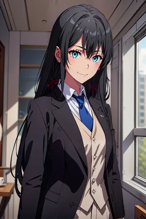 ((best quality)), ((masterpiece)), (detailed) 1girl 1girl, ;), blurry, blurry_background, breasts, , hair_long , looking_at_viewer, ok_sign, one_eye_closed, open_hand, Yukinoshita Yukino ,Woman wearing formal clothes, An attractive coat stands in a large g...