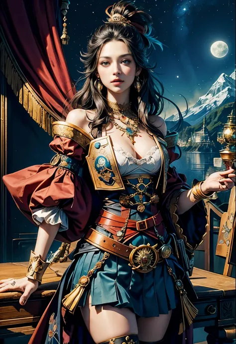 (table top, highest qualityの, highest quality, Pirate Empress, beautiful and aesthetic:1.2), (1 female), very detailed,(fractal art:1.3),colorful,best details, she has straight black hair and blue eyes, There is a full moon in the background, she is the le...