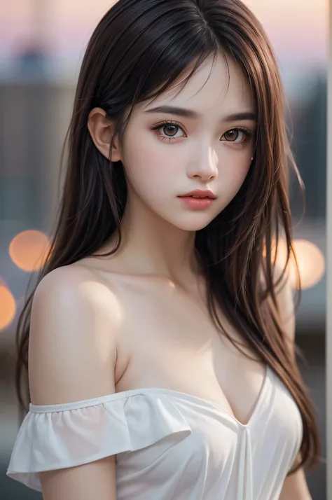 (best quality), (ultra-detailed), (llustration), (detailed light), (an extremely delicate and beautiful), 1young girl, brown hair, brown eyes, model, bare shoulders, best quality, extremely detailed CG unified 8k wallpaper, High-definition raw color photos...