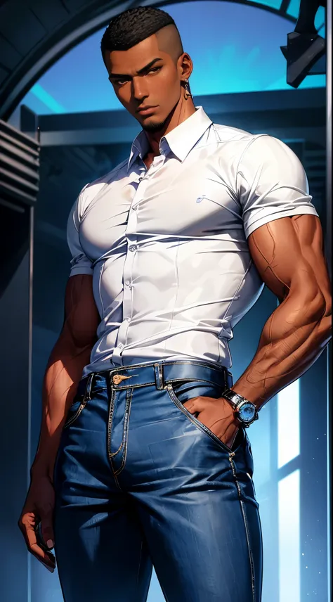 (best quality:1.1),original, 1man,  A handsome man with dark skin, African American man with natural hair, short hair, buzzcut, ebony nose, broad shoulders, tall, masculine, dressed in blue urban clothes and demin jeans, cartoon，anime illustrations, style ...