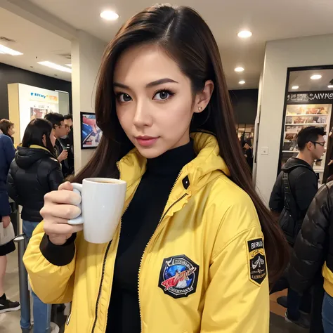 a woman in a yellow jacket holding a cup of coffee, extremely detailed artgerm, anime girl drinks energy drink, senna from league of legends, lovely brigitte from overwatch, brigitte from overwatch, ruan jia and artgerm, trending artgerm, faye valentine, l...