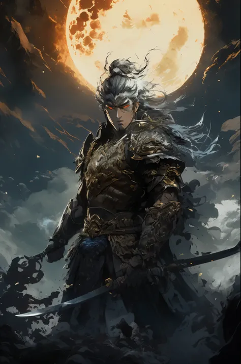 arafed image of a man with a sword and a full moon, by Yang J, g liulian art style, picture of an adult male warrior, chengwei pan on artstation, zhao yun, epic exquisite character art, handsome guy in demon slayer art, inspired by Li Kan, inspired by Guan...