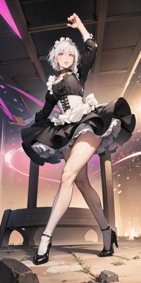 white hair , short hair, pinched eyes, (big-:1.5) , thin legs, thin body, leather collar, maid outfit victorian, dynamic pose, f...