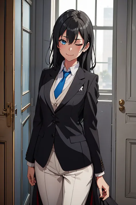 ((best quality)), ((masterpiece)), (detailed) 1girl 1girl, ;), blurry, blurry_background, breasts, , hair_long , looking_at_viewer, ok_sign, one_eye_closed, open_hand, Yukinoshita Yukino ,Woman wearing formal clothes, An attractive coat stands in a large g...