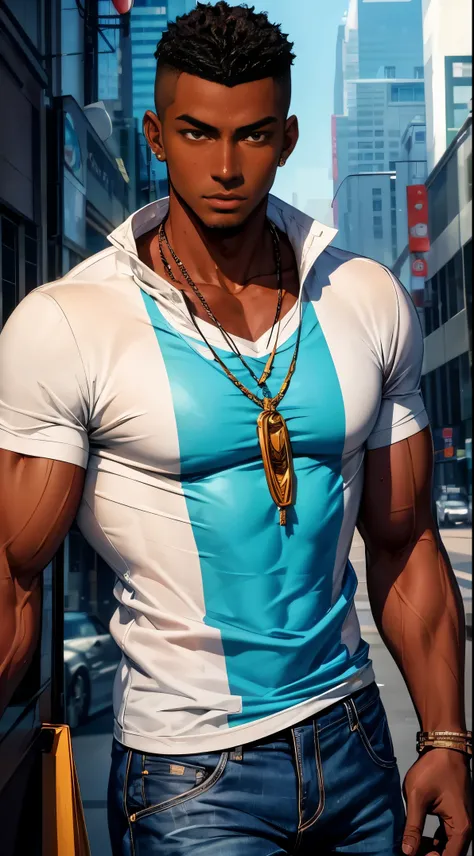 (best quality:1.1),original, 1man,  A handsome man with dark skin, African American man with natural hair, short hair, buzzcut, ebony nose, broad shoulders, tall, masculine, dressed in blue urban clothes and demin jeans, cartoon，anime illustrations, style ...