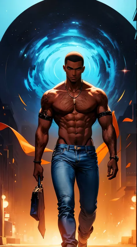 (best quality:1.1),original, 1man,  A handsome man with dark skin, African American man with natural hair, short hair, buzzcut, ebony nose, broad shoulders, tall, masculine, dressed in blue urban clothes and demin jeans, cartoon，anime illustrations, style ...