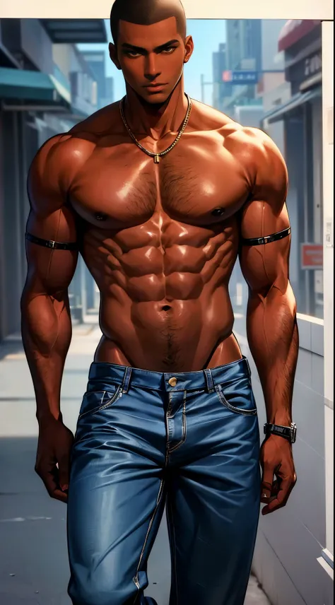 (best quality:1.1),original, 1man,  A handsome man with dark skin, African American man with natural hair, short hair, buzzcut, ebony nose, broad shoulders, tall, masculine, dressed in blue urban clothes and demin jeans, cartoon，anime illustrations, style ...