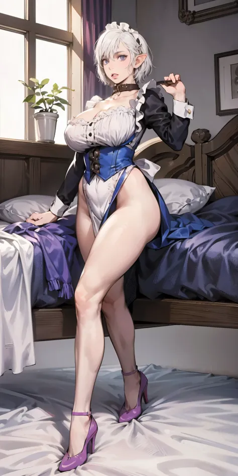 White hair , short hair, pinched eyes, (big-:1.5), Thin legs, thin body, leather collar, Maid outfit victorian, dynamic pose, full body, view from below, wide hips, kneel on the sheet in bed. purple skin, drow elf