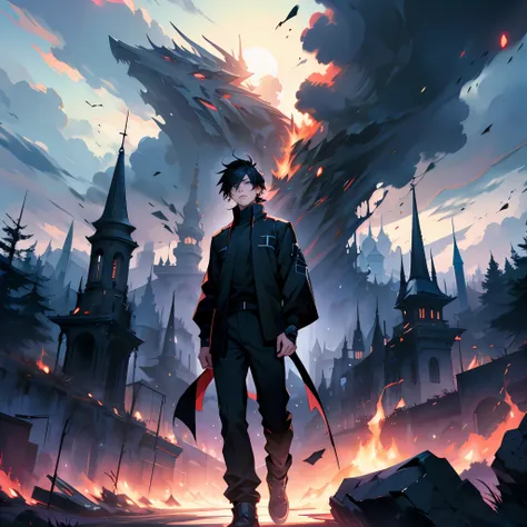 Anime Boy wearing black clothes and with dark spells around him, with the scenery behind him destroyed 