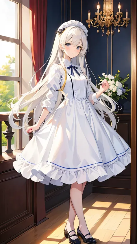 first-class、high resolution、beautiful、background white、One Beautiful Boy、whole body、Are standing、long hair of white color、golden eyes、Light blue apron dress、white shoes、clear