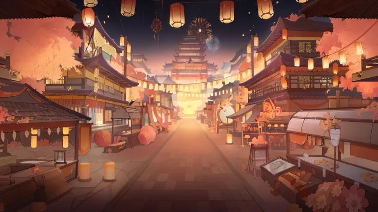 anime style lantern street illustration, background artwork, background art, dream china town, anime background art, 色彩缤纷的anime ...