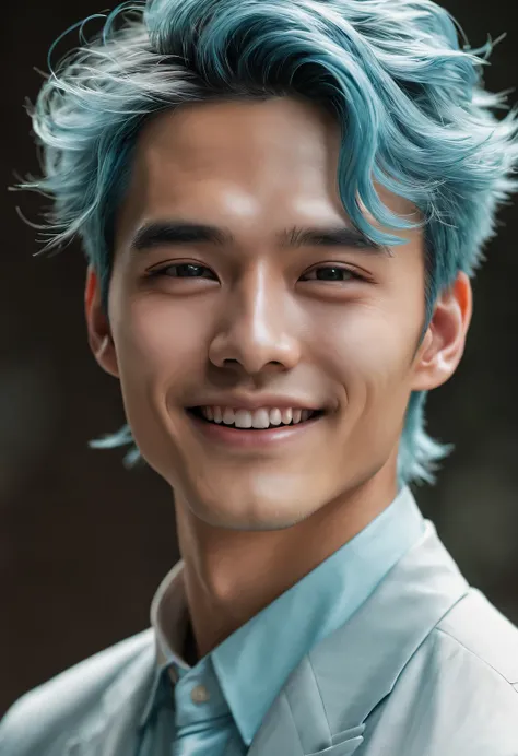 a very pretty boy face, Light blue hair flows on her bright face, beautiful facial makeup, upright, Symmetrical face shape, Long and thick eyebrows slightly upward, Bright and vibrant eyes, Revealing a kind of wisdom and agility. 他的嘴唇Ruddy and full, slight...