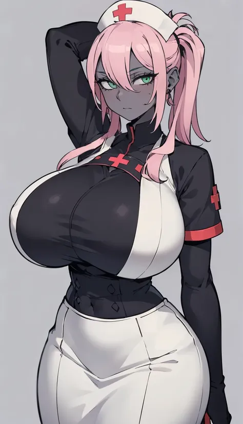 SFW, ((black grey skin Drow)) (nurse_clothes), (gigantic breasts, huge breasts, Big breast), firm breasts , tall girl, slim waist, curvy figure, arms behind back, pink_hair, green_eyes, long_pigtails