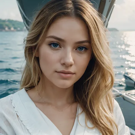 Generate a photorealistic image of a blonde woman on a boat. Her hair should be a vibrant golden blonde, flowing freely or styled in a way that captures the essence of being at sea, with each strand detailed and reflecting the sunlight. Her facial features...