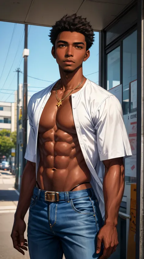 (best quality:1.1),original, 1man,  A handsome man with dark skin, African American man with natural hair, short hair, buzzcut, ebony nose, broad shoulders, tall, masculine, dressed in blue urban clothes and demin jeans, cartoon，anime illustrations, style ...