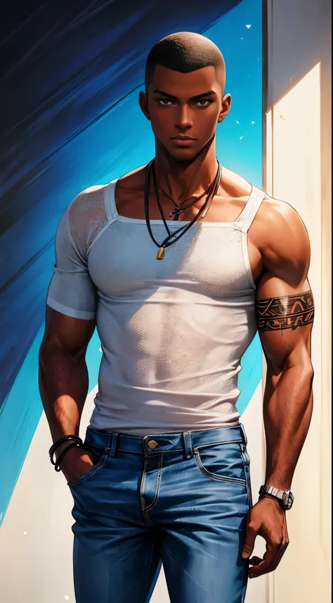 (best quality:1.1),original, 1man,  A handsome man with dark skin, African American man with natural hair, short hair, buzzcut, ebony nose, broad shoulders, tall, masculine, dressed in blue urban clothes and demin jeans, cartoon，anime illustrations, style ...