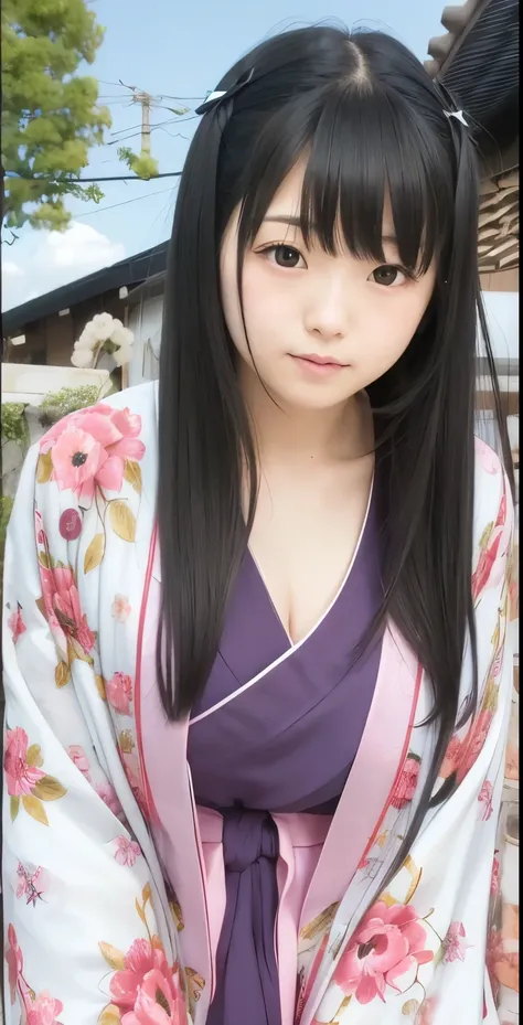 1girl, momoko kawasaki, soft pink and white kimono with floral motifs, long hair, black hair, realistic, ultra detail, 70mm lens...