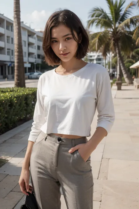 top-quality、​masterpiece、超A high resolution、(realisitic:1.4)、Beautuful Women１、Beautiful detail eyes and skin、smile、Light brown short-cut hair, She is Wearing a long t shirt posing for a photo,  gorgeous chinese model, photo of slim girl model, IG-Modell, b...