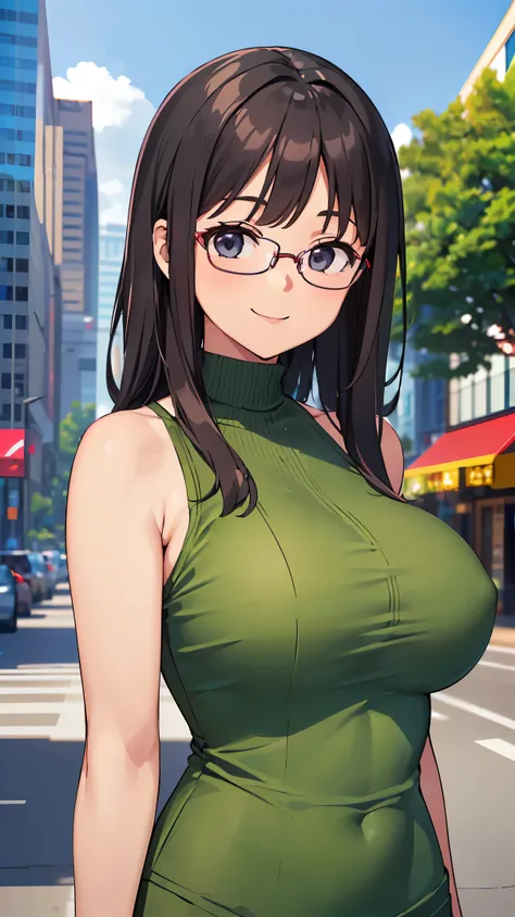 ((((pixel-perfect, detail-perfect))), solo, 1girl, nakaharamizuki, outer-rim glasses, big boobs, green top,bare shoulders, looking at viewer, smile, , (upper body , lower body front: 1.3 ), standing, in the city
