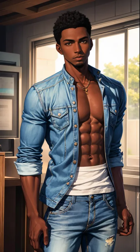 (best quality:1.1),original, 1man,  A handsome man with dark skin, African American man with natural hair, short hair, buzzcut, ebony nose, broad shoulders, tall, masculine, dressed in blue urban clothes and demin jeans, cartoon，anime illustrations, style ...