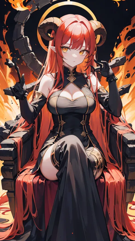 (Close-up scene, witch woman), ((flowing hair, yellow and red hair, yellow eyes)), ((long red dress with black trim, red metal gloves, black long horns)), ((background inside A palace of fire and lava, sitting on a rock chair with fiery cracks)),highly det...