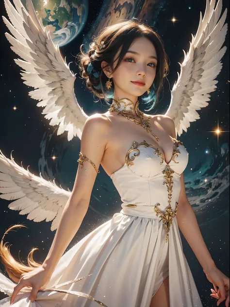 a woman, teal hair, red eyes, smile, angel wings, golden halo, white dress, standing upright, in outer space, Milky Way in the background, stars in the distance, upper body