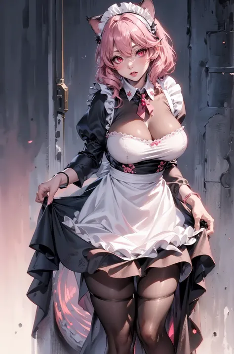 red lips,mature milf,(best quality,4k,highres,masterpiece:1.2),ultra-detailed,(maid dress:1.5),cat ears,cat girl,perfect face,full body,lewd face,lewd eyes,(pink eyes:1.4),cute,adorable,expressive eyes