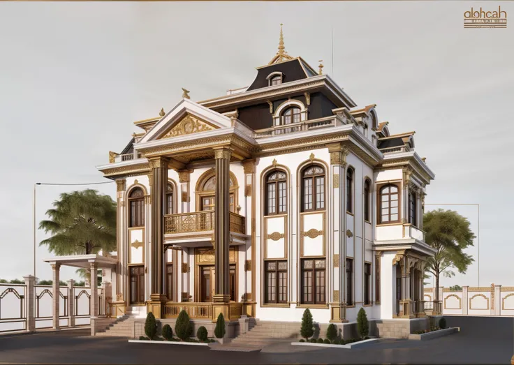 masterpiece,best quality, 8k uhd, a close up of a drawing of a house with moudin gilded, highly detailed architecture, highly detailed - n 4, hihgly detailed, frontview, inter dimensional villa, an extremely detailed building, 3d highly detailed, 3 d highl...
