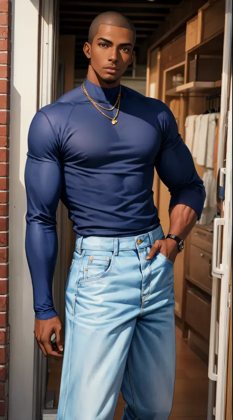 (best quality:1.1),original, 1man,  A handsome man with dark skin, African American man with natural hair, short hair, buzzcut, ebony nose, broad shoulders, tall, masculine, dressed in blue urban clothes and demin jeans, cartoon，anime illustrations, style ...