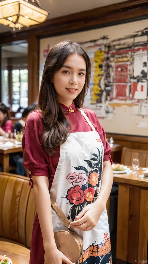 （super fine，fidelity：1.37），portrait，chinese restaurant owner，black hair，brown eyes，delicate lips，put on an apron，confident smile...