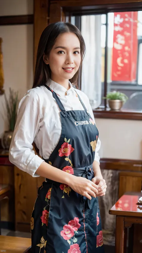 （super fine，fidelity：1.37），portrait，chinese restaurant owner，black hair，brown eyes，delicate lips，put on an apron，confident smile...