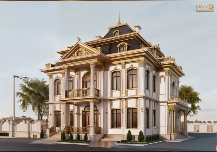 masterpiece,best quality, 8k uhd, a close up of a drawing of a house with moudin gilded, highly detailed architecture, highly detailed - n 4, hihgly detailed, frontview, inter dimensional villa, an extremely detailed building, 3d highly detailed, 3 d highl...