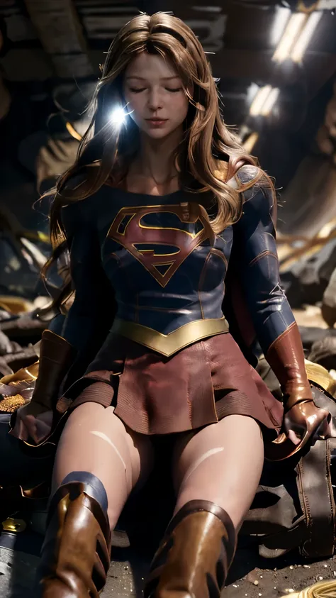 (perfect anatomy, anatomically correct, super detailed skin))), 1 woman, ((super girl suit, Supergirl Mellissa Benoist)), from front, shiny skin, detailed hair, detailed face, detailed eyes, (long hair:1.5, brunette hair:1.7), natural bangs:1.4, blonde hai...