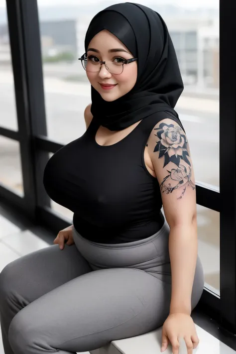 wanita berhijab syariah, wearing t-shirt, sneakers, chubby cheeks, chubby arm, chubby, glasses, big breast, chubby tight, wearing a hijab, bbw, bbc, cute girl, mature and plump, plump woman, clean and smooth pics, all star, high quality, best quality, good...