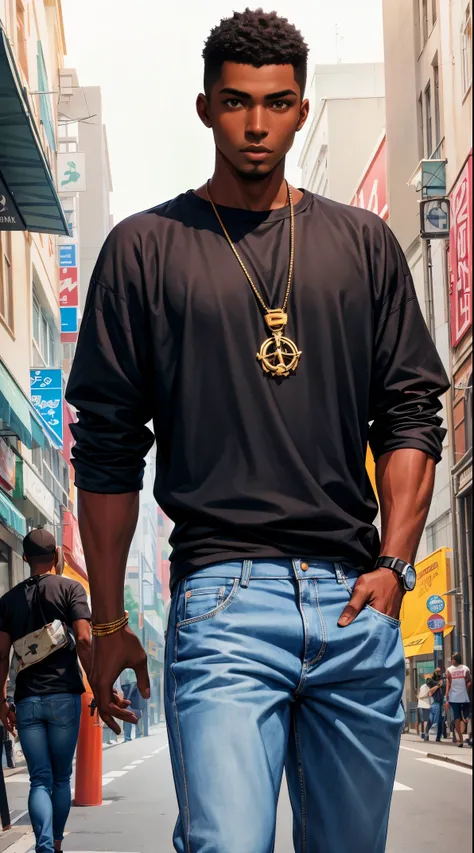 (best quality:1.1),original, 1man,  A handsome man with dark skin, African American man with natural hair, short hair, buzzcut, ebony nose, broad shoulders, tall, masculine, baggy urban clothes and demin jeans, cartoon，anime illustrations, style is abstrac...